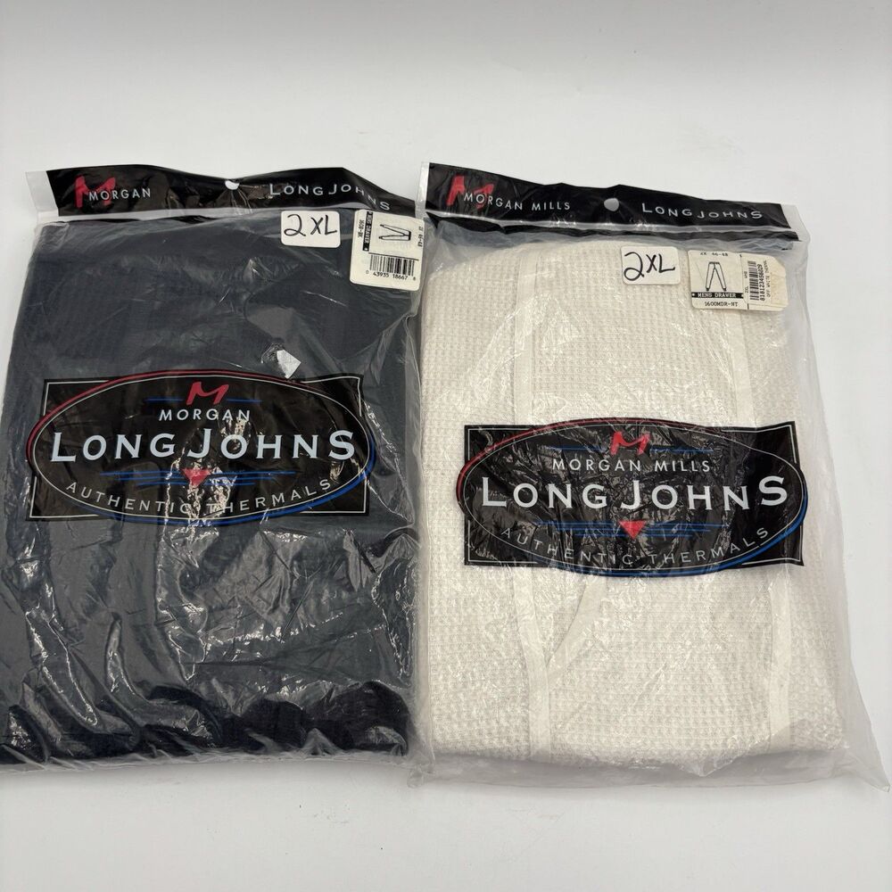 Morgan Mills Long Johns Mens 2XL Thermal Pants Black White Waffle Knit 2 Pair
